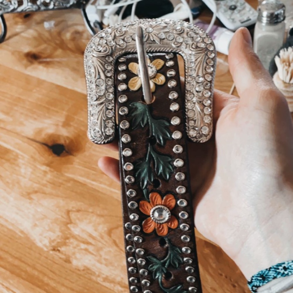 Hand Tooled Floral Western Rhinestone Belt - Picture 2 of 5